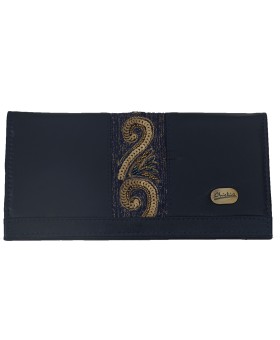 Border Wallet - Navy Blue And Golden Embroidery