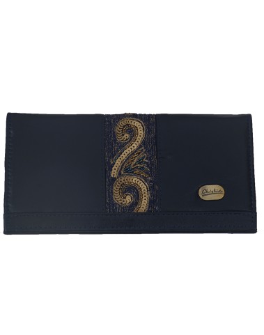 Border Wallet - Navy Blue And Golden Embroidery