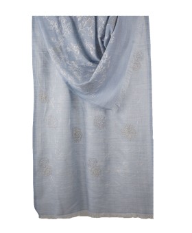 Embroidered Wool Shawl - Pastel Blue Base With Floral Embroidery