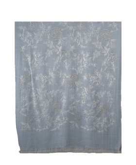 Embroidered Wool Shawl - Pastel Blue Base With Floral Embroidery