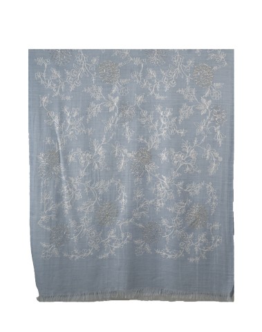 Embroidered Wool Shawl - Pastel Blue Base With Floral Embroidery