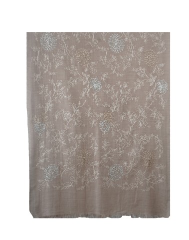 Embroidered Wool Shawl - Beige Floral Embroidery