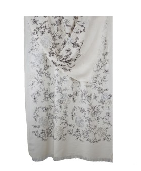 Embroidered Wool Shawl - Off White Base With Floral Embroidery