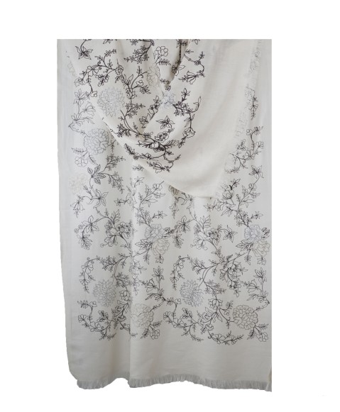 Embroidered Wool Shawl - Off White Base With Floral Embroidery