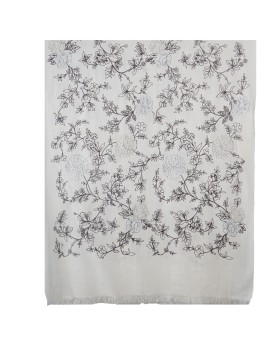 Embroidered Wool Shawl - Off White Base With Floral Embroidery