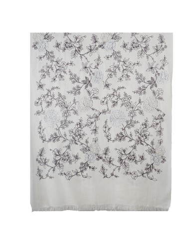 Embroidered Wool Shawl - Off White Base With Floral Embroidery