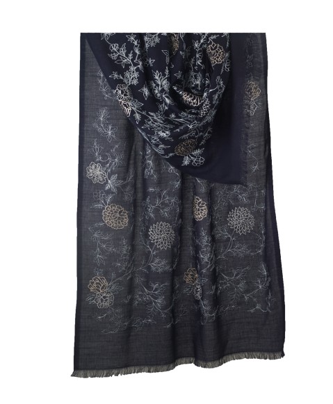 Embroidered Wool Shawl - Navy Blue Base With White Flower Embroidery