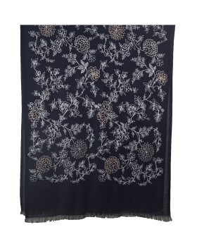 Embroidered Wool Shawl - Navy Blue Base With White Flower Embroidery