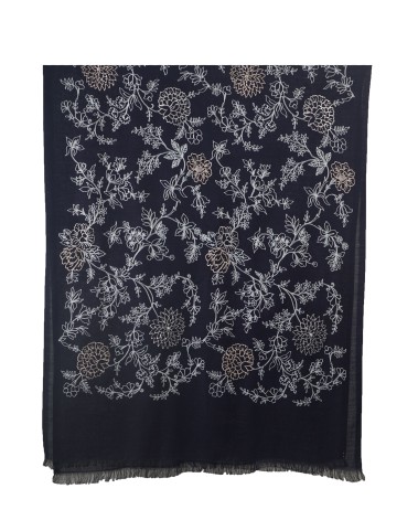 Embroidered Wool Shawl - Navy Blue Base With White Flower Embroidery