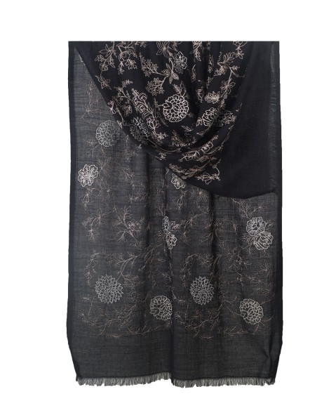 Embroidered Wool Shawl - Black Base With White Flower Embroidery