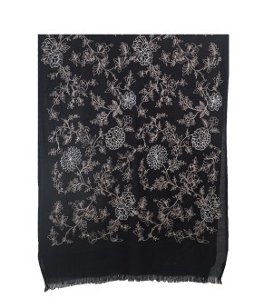 Embroidered Wool Shawl - Black Base With White Flower Embroidery