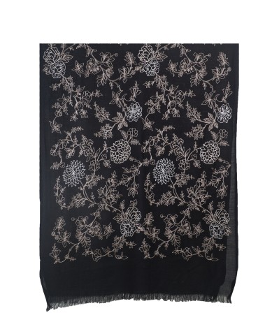 Embroidered Wool Shawl - Black Base With White Flower Embroidery