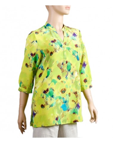 Short Silk Shirt-Lime Green Floral